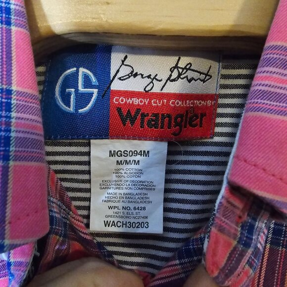 Wrangler George Strait Button Down Shirt Men's Medium Pink Blue Plaid Long Sleev - Picture 4 of 5